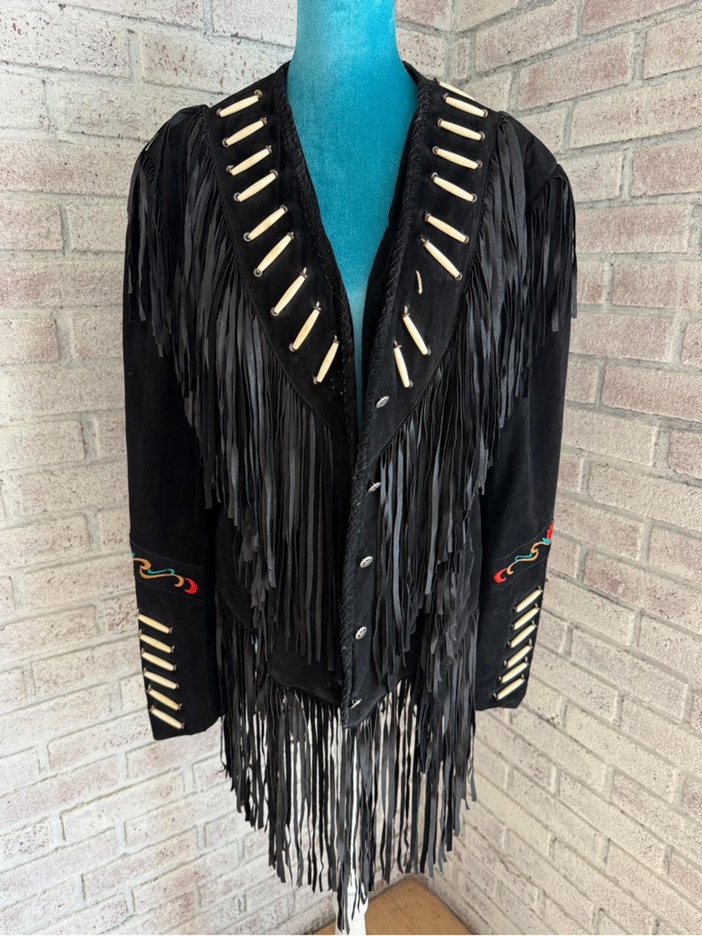 PIONEER Black Suede Fringe Jacket with Bone-Style Accents